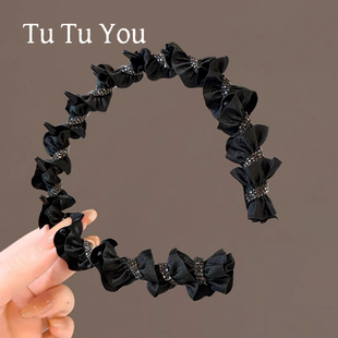 高级感网纱水钻缠绕发捆倒插防滑高颅顶发饰头箍黑色薄纱洗脸发箍