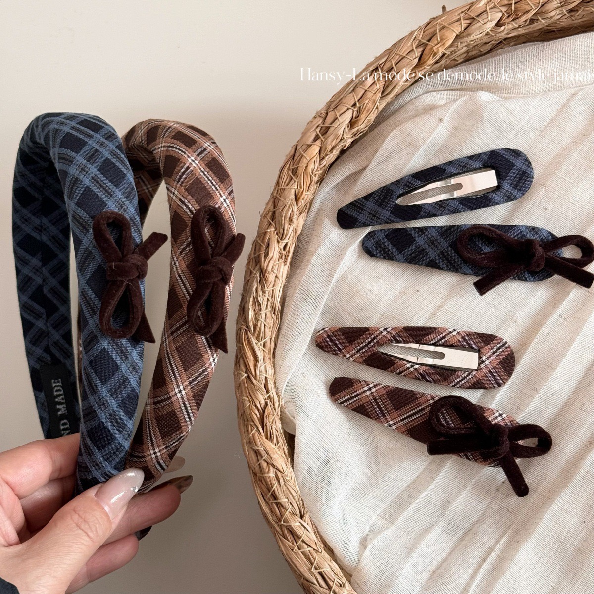 韩系百搭格纹布艺蝴蝶结发夹BB夹侧边夹+高颅顶发箍发卡洋气发饰