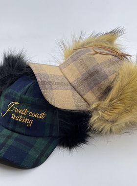 宁艺卓同款格纹毛绒护耳帽女秋冬百搭时尚棒球帽显脸小保暖鸭舌帽