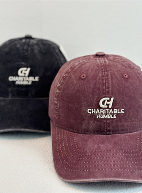 日系复古水洗字母刺绣棒球帽子女韩版百搭情侣宽檐显脸小防晒休闲