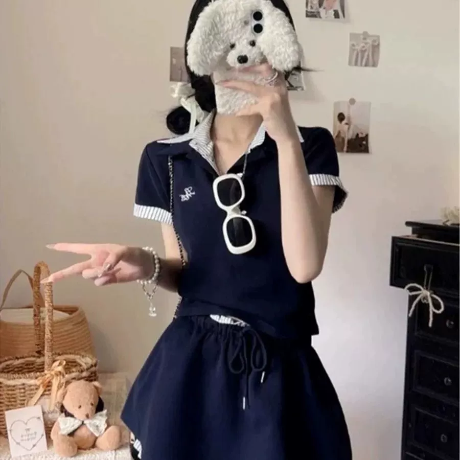 学院风运动服套装女夏季显瘦减龄假两件polo衫短袖裤裙休闲两件式
