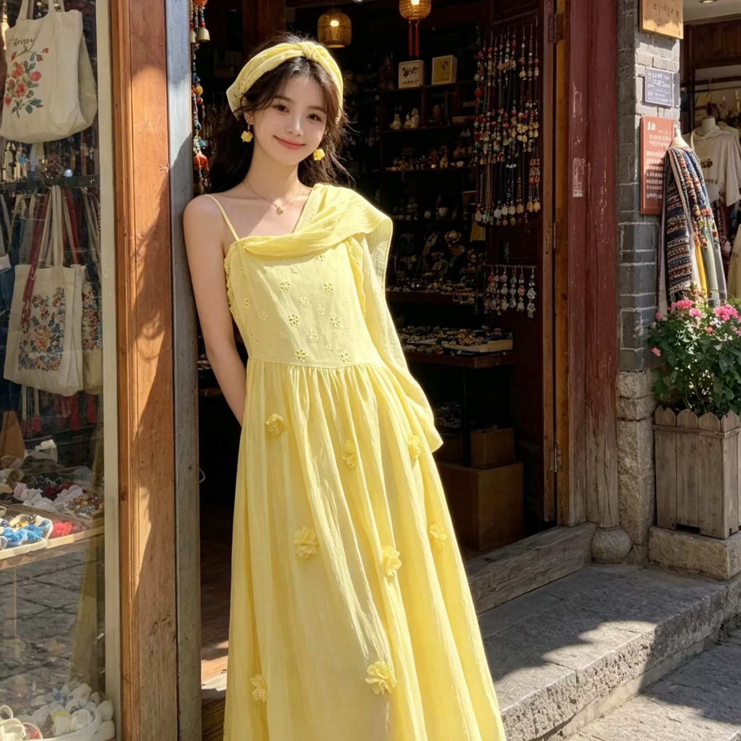 棉质 白色可扎染温柔风立体花朵吊带连衣裙女夏季黄色气质中长裙