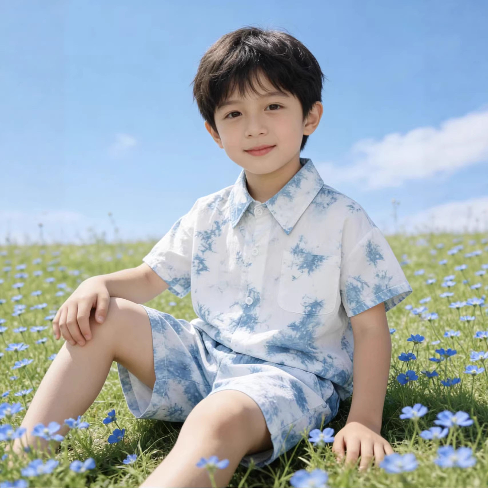 云南大理新款扎染男童衬衫扎染童装两件套短袖衬衫上衣短裤套装男图片