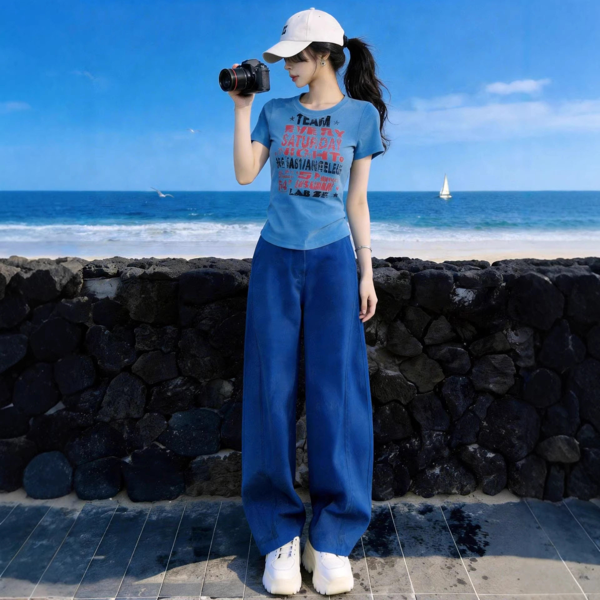 夏季穿搭休闲时尚套装女减龄显瘦圆领T恤复古街头直筒裤两件套潮