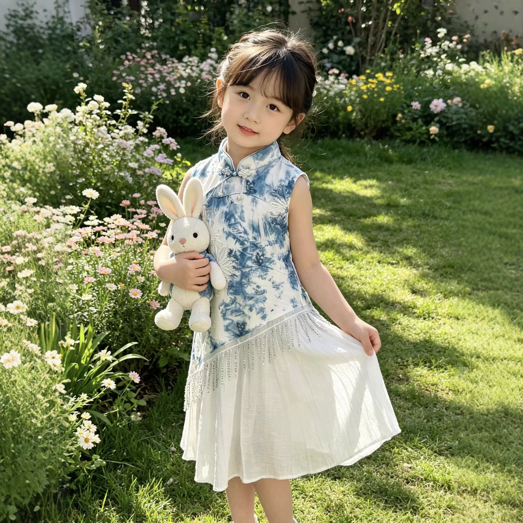 女童夏季扎染旗袍裙子新中式国风无袖小立领流苏绣花儿童连衣裙