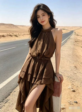 夏季新款女装无袖荷叶边连衣裙旅游度假前短后长腰带沙漠出片纯色