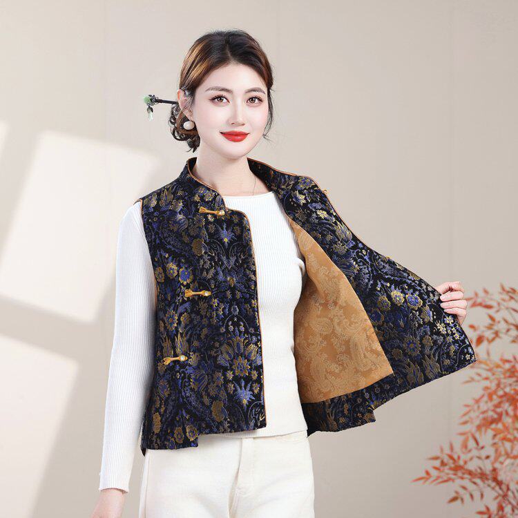 新中式妈妈秋装国风马甲外套中老年女装新款气质提花马甲复古坎肩