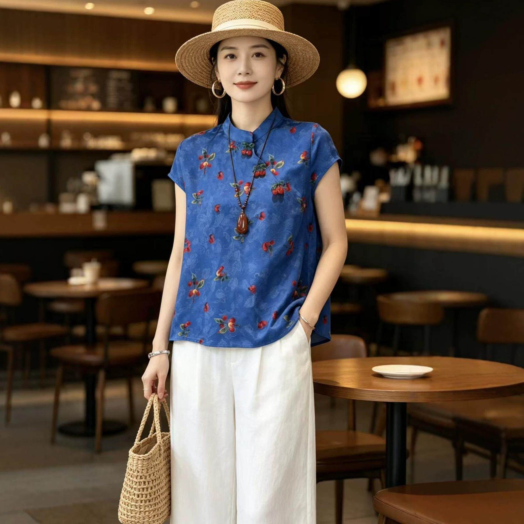新中式国风女装夏季香云纱提花斜襟旗袍复古感轻奢小衫上衣