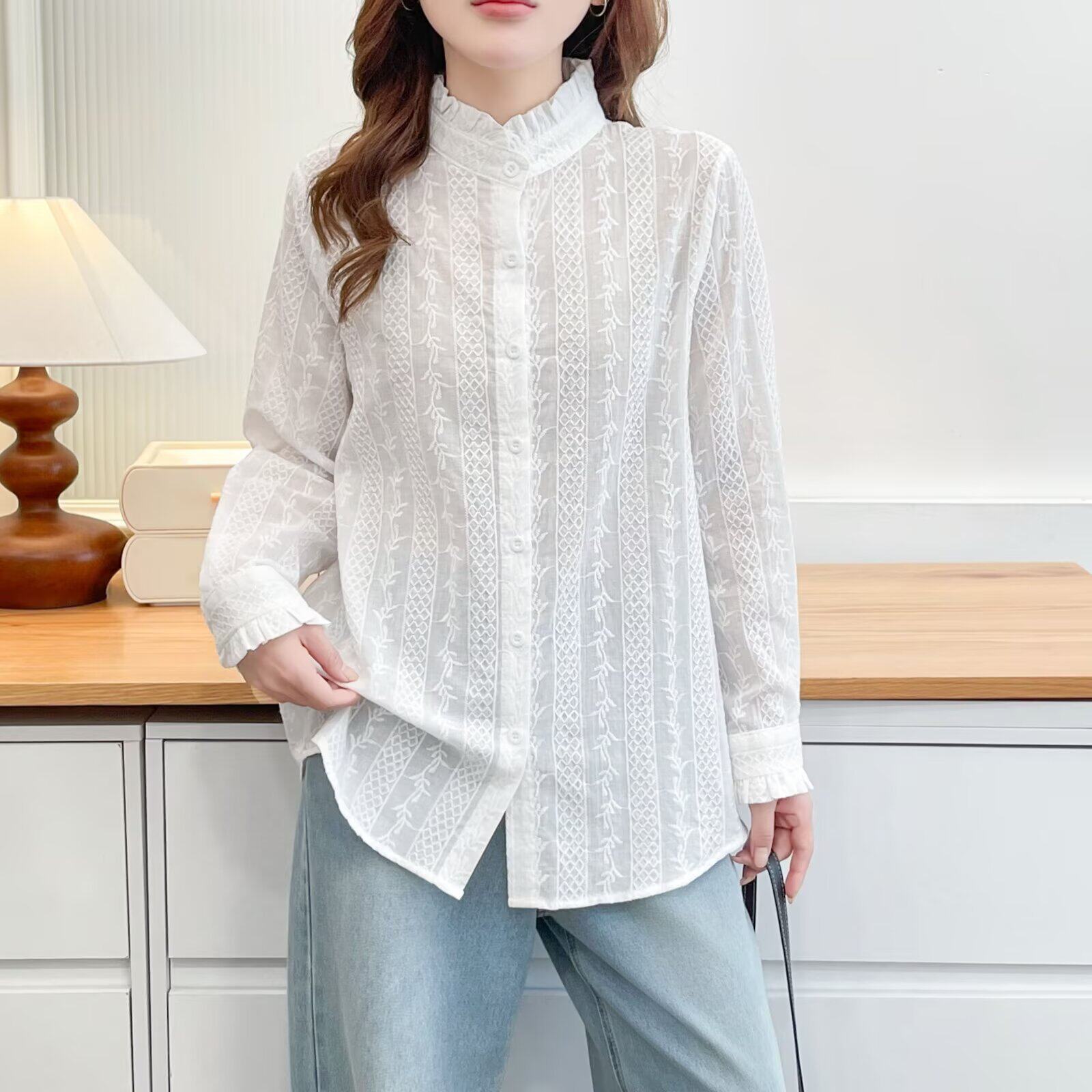 2026秋装新款淑女风白色花边衬衫大码女长袖立领提花显瘦上衣8641