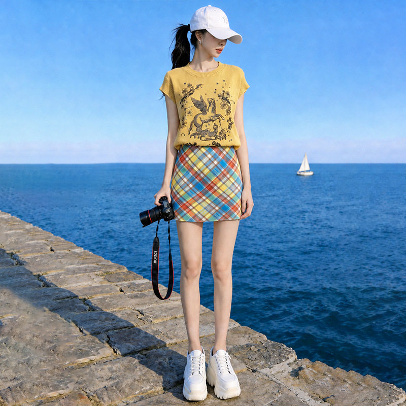 法式螺纹口印花蝙蝠袖针织上衣女夏季百搭港风复古牛仔短裙两件套