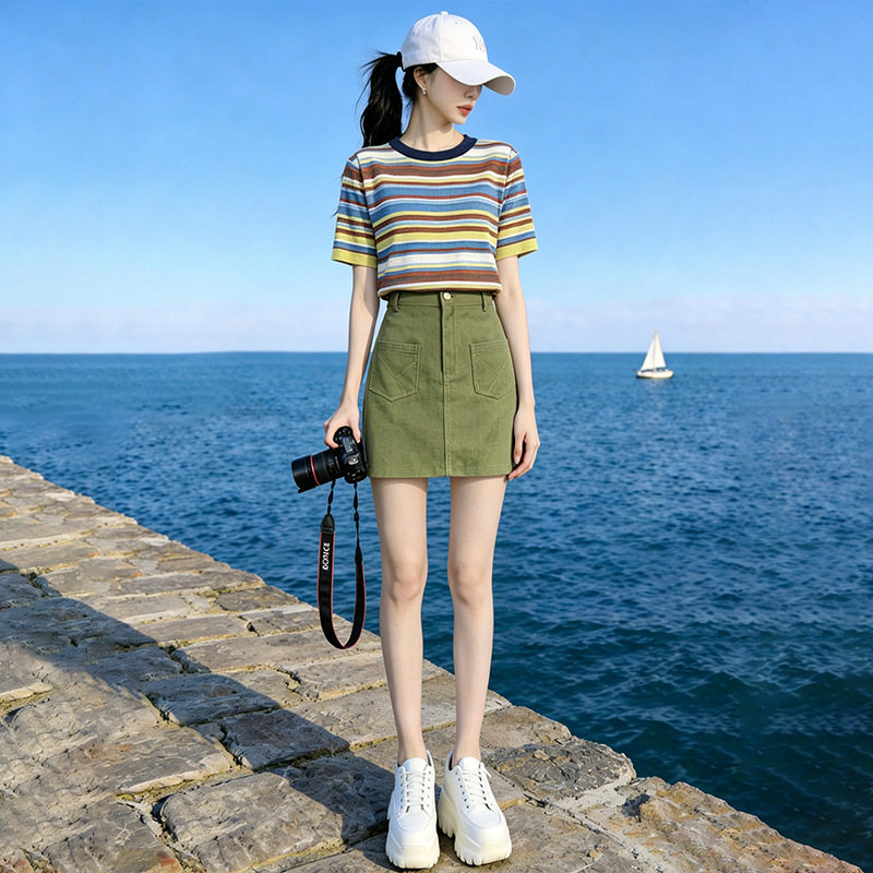 甜美风时尚休闲套装女2026新款设计感宽松短袖上衣牛仔短裙两件套