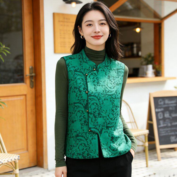 女士春秋国风无袖马甲提花复古坎肩上衣妈妈装春季新中式马甲外套
