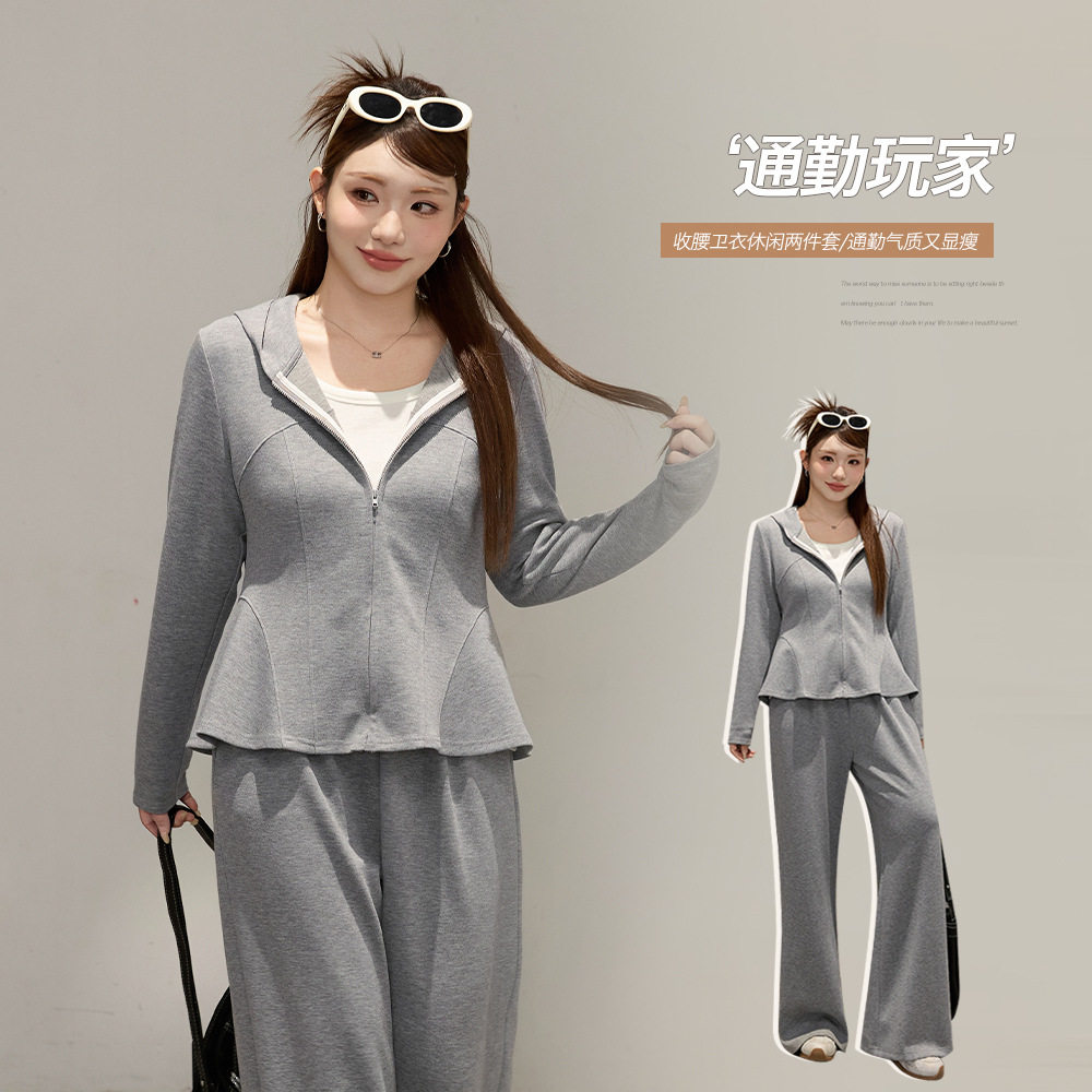 简约时尚舒适运动连帽阔腿两件套春款胖mm大码女装显瘦套装65498