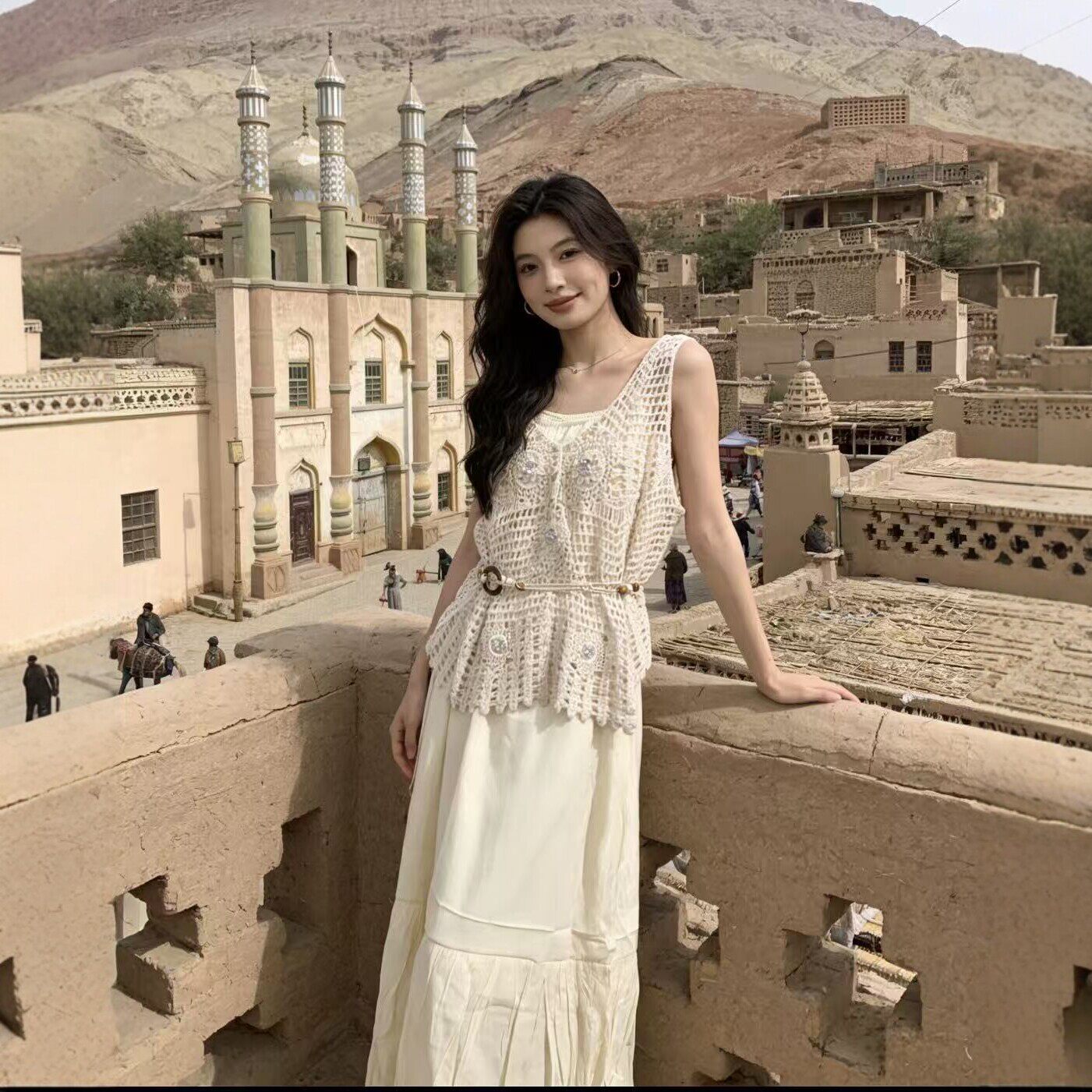 新款夏季无袖钩花背心套装女民族风旅游穿搭连衣裙两件套纯欲风