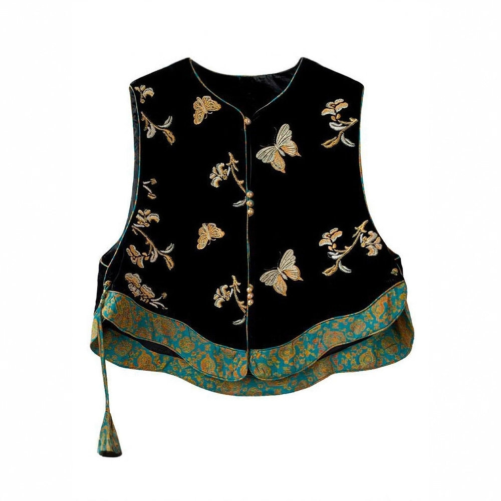 新中式国风高端丝绒马甲女装2025秋季新款黑色宋锦拼接时尚上衣