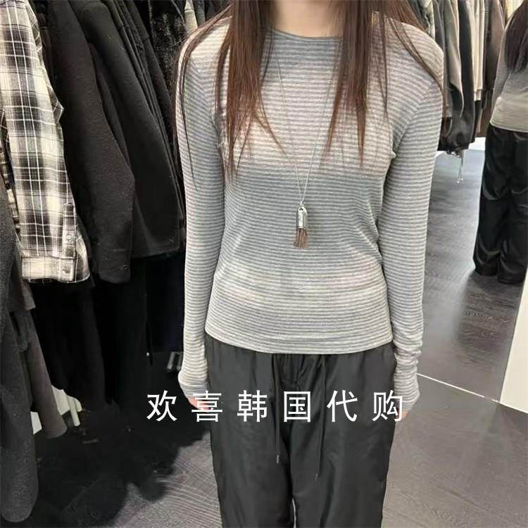 韩国东大门2025冬季新品OBJECT洋气百搭细条纹圆领宽松长袖T恤