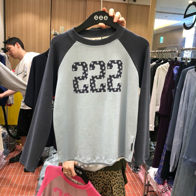 韩国东大门2025秋冬新款夏eee 圆领插肩袖长袖2T恤