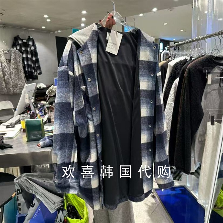 韩国东大门2025冬季新品hertz设计感复古连帽撞色格纹宽松外套