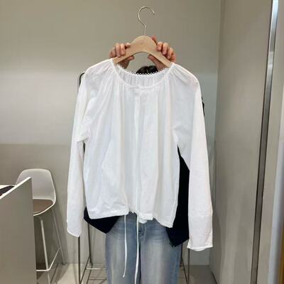 韩国东大门2026春季新品OUTRENE女装圆领系带收腰显瘦长袖衬衫