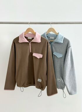 韩国东大门2026春新款BINUS时尚百搭翻领半拉链宽松长袖卫衣