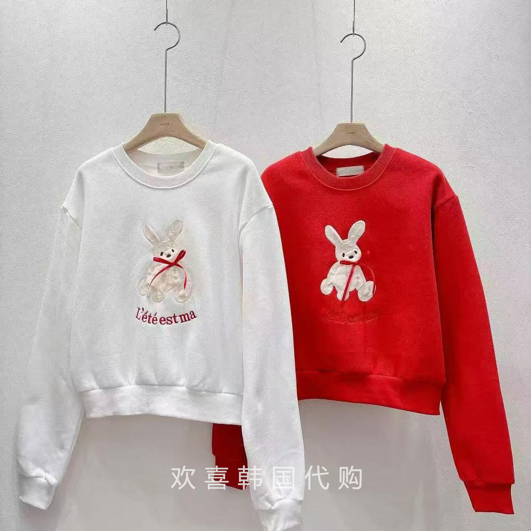 韩国东大门2026春季新品K&K时尚减龄圆领小兔刺绣套头加绒卫衣