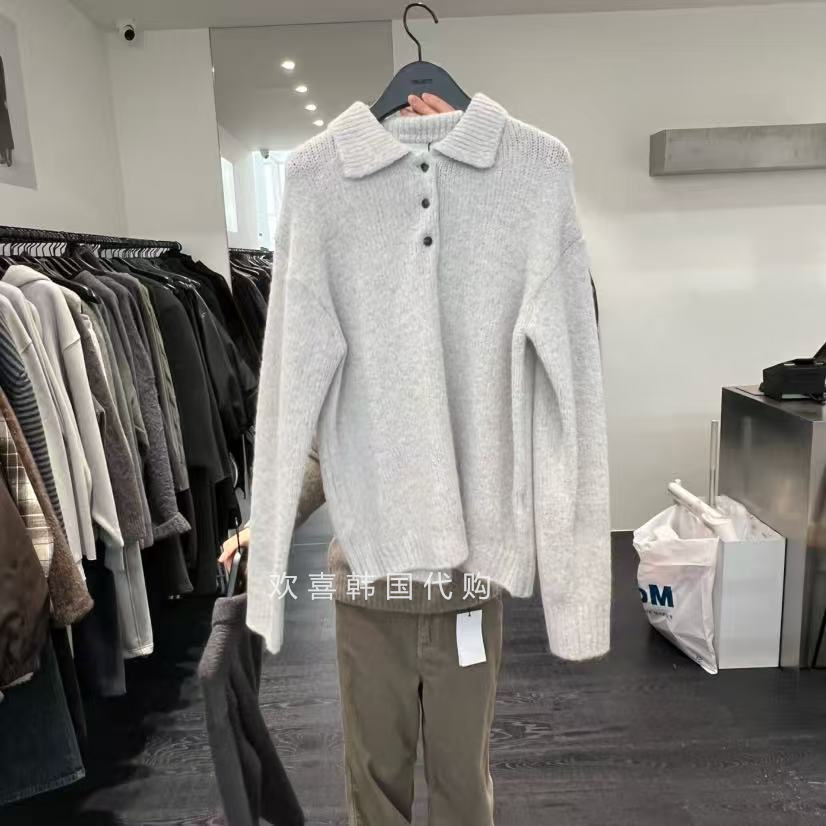 韩国东大门2025冬季新品OBJECT时尚舒适纯色翻领半开扣长袖针织衫