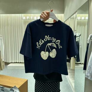 现韩国东大门2026春新品afternoon女装休闲圆领樱桃图案短袖T恤