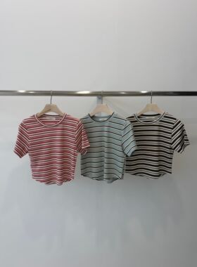 韩国东大门2026夏季新款 sienne 条纹百搭圆领不对称短袖T恤