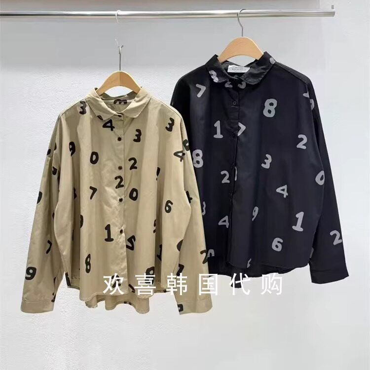 韩国东大门2025秋季新品INTRO洋气创意数字印花宽松长袖百搭衬衫