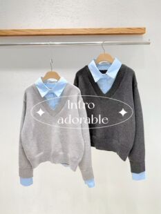 韩国东大门2026春季新品INTRO时尚百搭翻领拼接假两件针织衫女