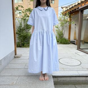 collected 韩国东大门代购2026夏季新品娃娃领高腰素条纹连衣裙
