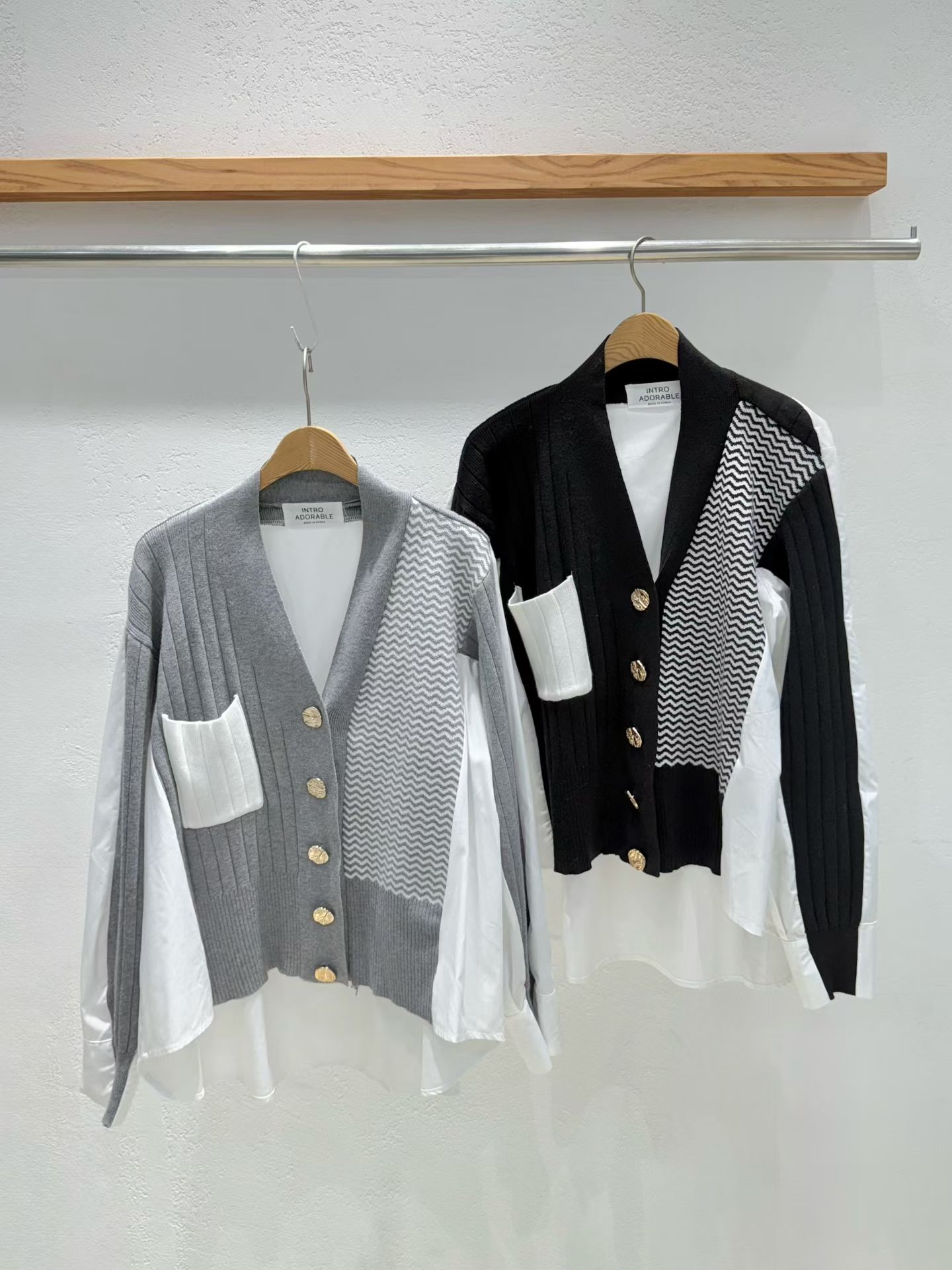 韩国东大门2025冬新款INTRO时尚百搭拼接针织V领薄款开衫外套