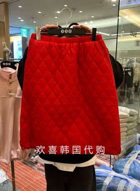 韩国东大门2026春季新品eee 时尚简约纯色绗线格子加棉半身裙