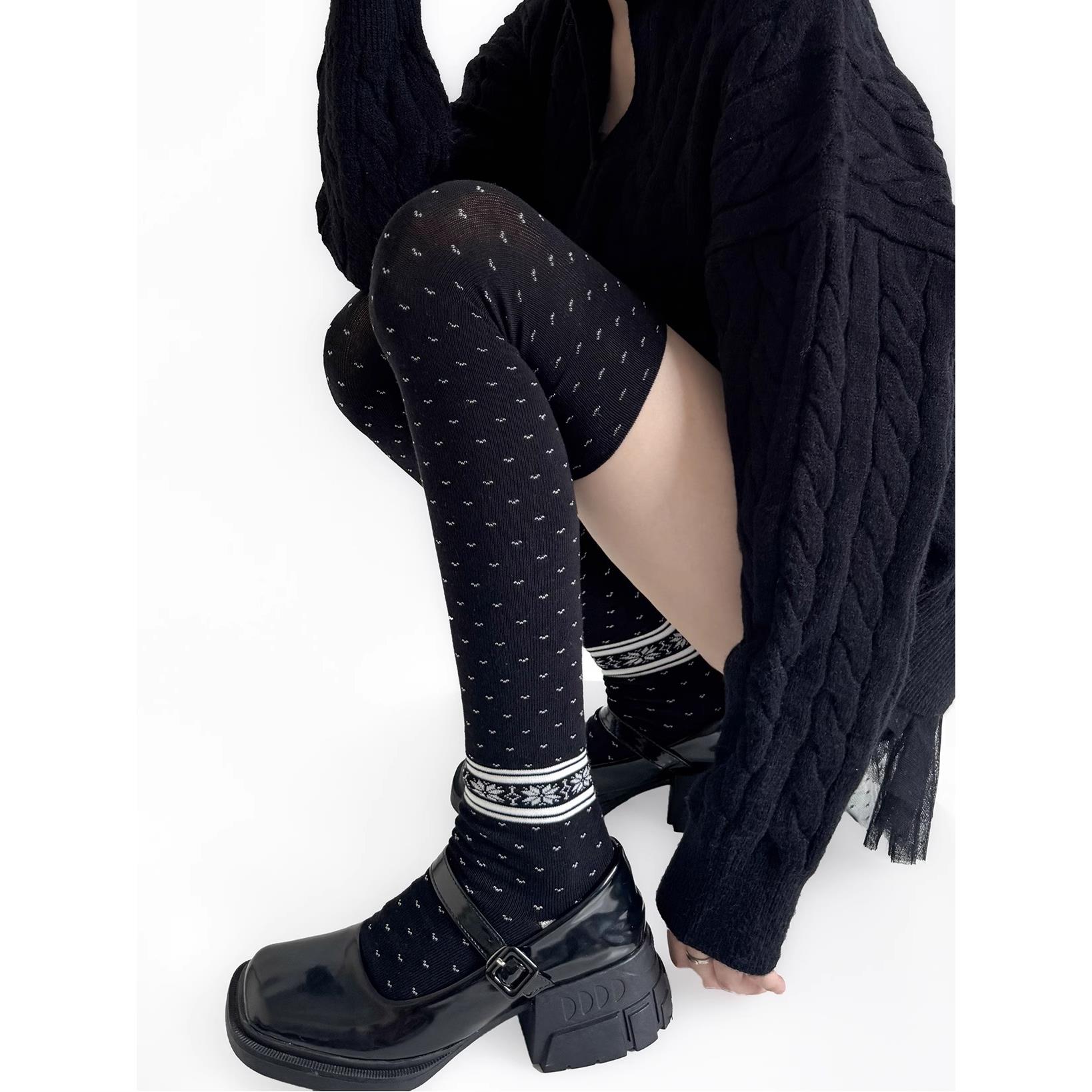 秋冬y2k日系覆古提花高筒袜jk黑白费尔岛小众穿搭过膝长筒袜春秋