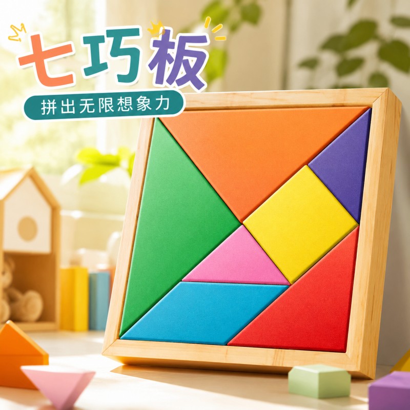 七巧板小学生专用一年级教具彩色积木玩具木质幼儿园几何智力拼图