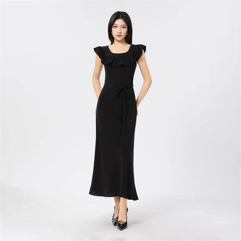 阿玛施女装正品2026夏季新款荷叶边V领中长款小黑裙连衣裙150005