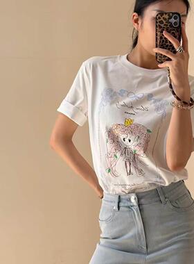 阿玛施女装正品2026夏装新款百搭高级感圆领白色短袖T恤女530092