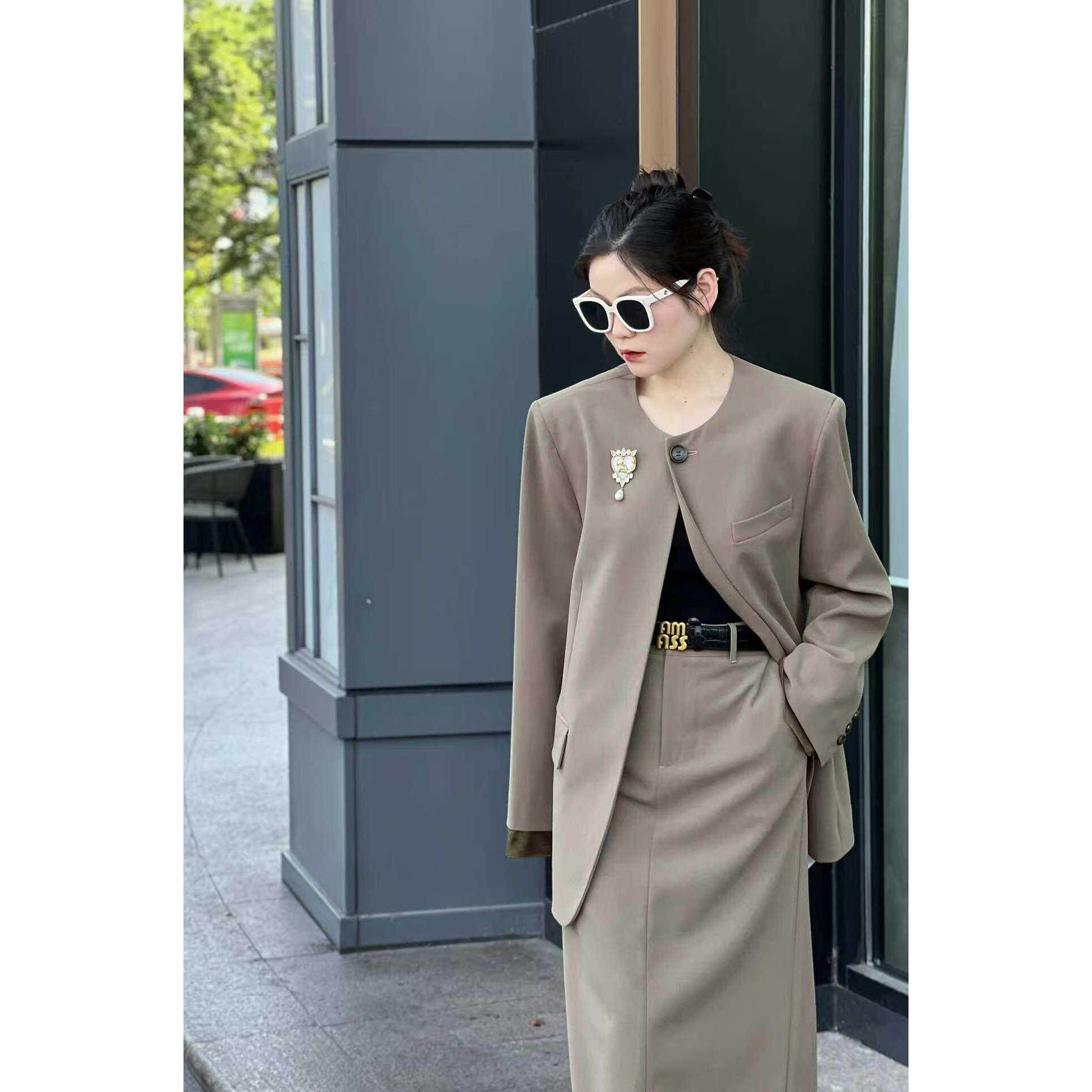 阿玛施女装正品2026春装新款宽松高级感中长款西装外套女5400872