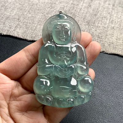 天然A货缅甸翡翠 观音吊坠 尺寸 : 79.6-70.9-43.8-6.5