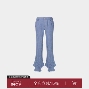 superr 小众设计感原创绣花复古显瘦浅蓝色微喇裤脚九分牛仔裤