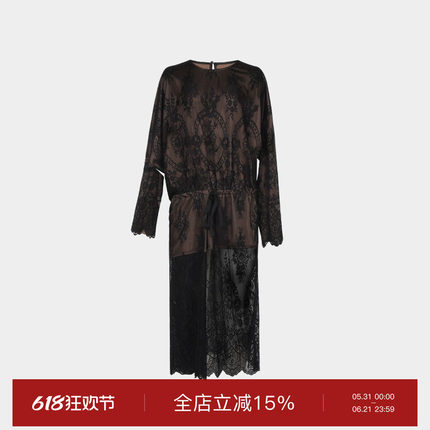 superr 蕾丝多穿法腰间抽绳不对称设计圆领长袖薄纱秋季连衣裙女