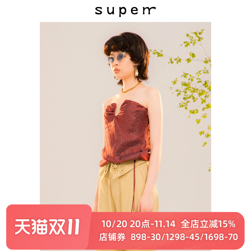 红色亮丝下摆抹胸抽绳