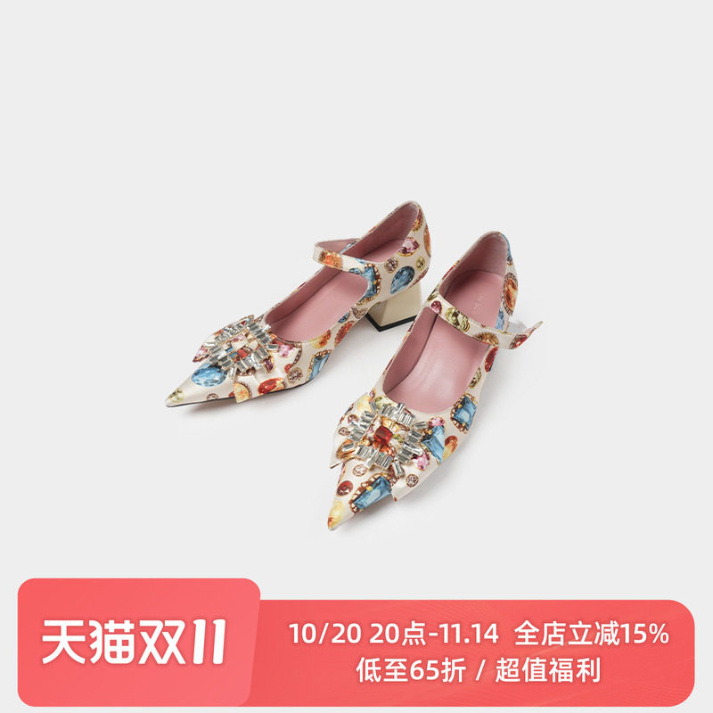 superr 璀璨宝石绑带亮钻装饰尖头方跟高跟鞋女