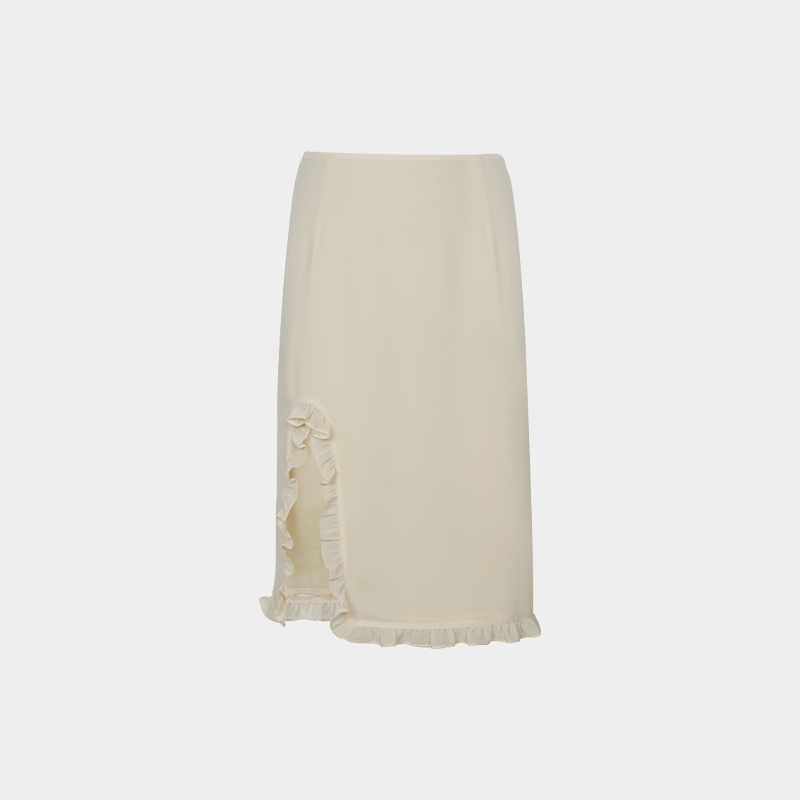 复古雪纺抽皱花边大开叉中腰半裙