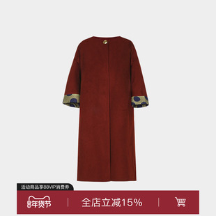 superr 新款宽松袖口拼接无领七分袖100%纯绵羊毛外套大衣女上衣