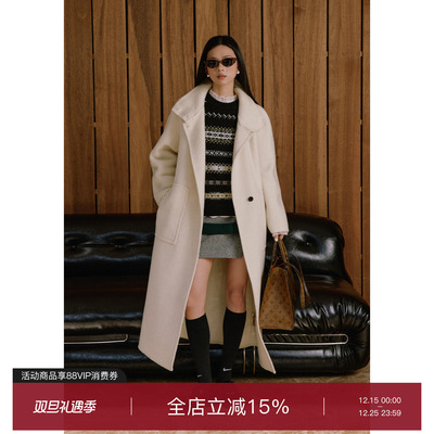 白色咖色长款毛呢大衣