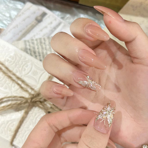 蝴蝶御谷裸色冰透渐变手绘蝴蝶手工穿戴美甲贴纯手工光疗穿戴甲