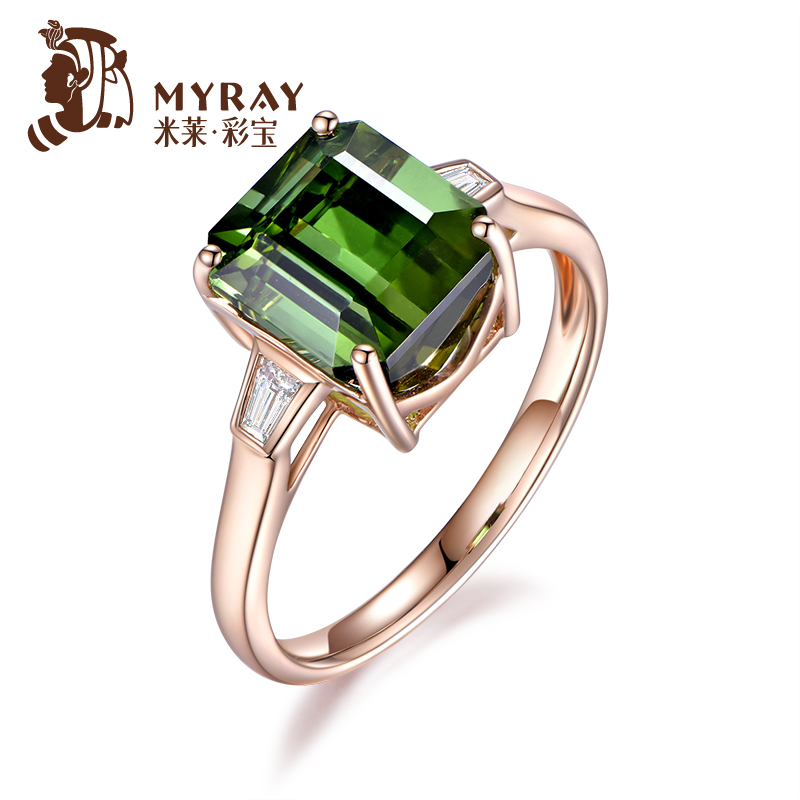 米莱珠宝 3.55克拉天然翠绿绿碧玺戒指 18K金钻石戒指 贵重宝石女