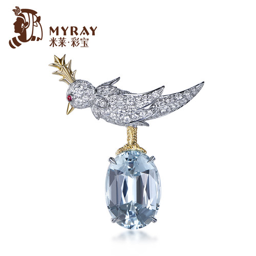 孤品现货克拉时尚小鸟领针海蓝宝