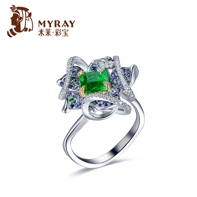 米莱珠宝天然祖母绿宝石戒指女18K金群镶嵌钻石吊坠首饰彩宝定制